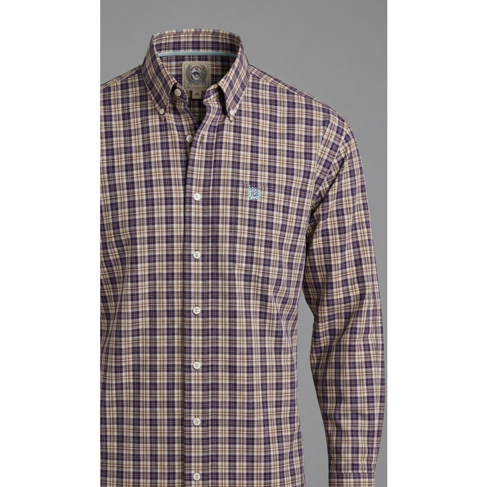 Cinch Western Plaid‎ Long Sleeve Button Down Shirt Purple Tan Size Medium